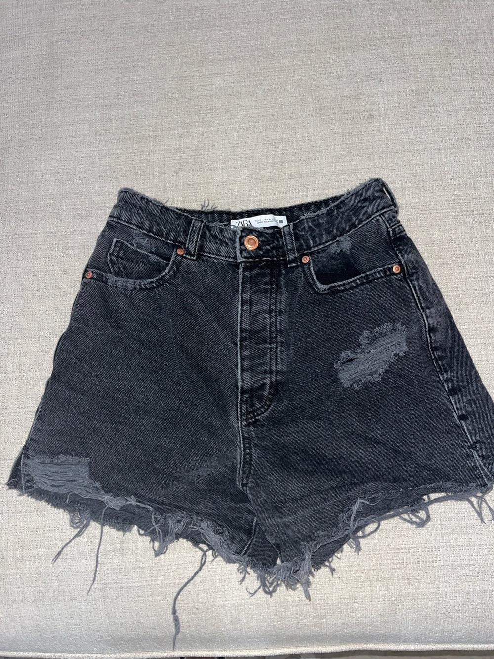 ZARA Washed Black Distressed High-Rise Denim Shorts